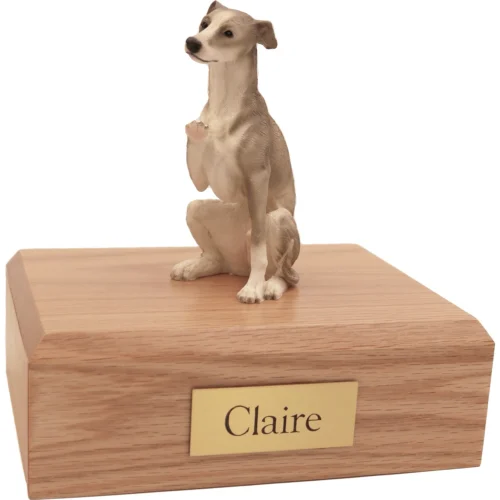 Memorial cremation urn with sitting gray and white Whippet dog figurine, oak finish