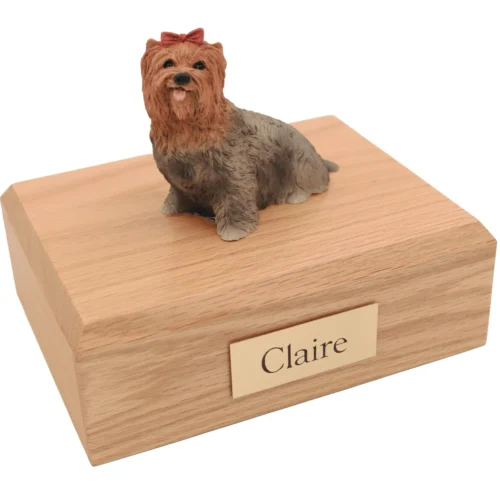 Memorial cremation urn with sitting Yorkshire Terrier dog figurine, oak finish