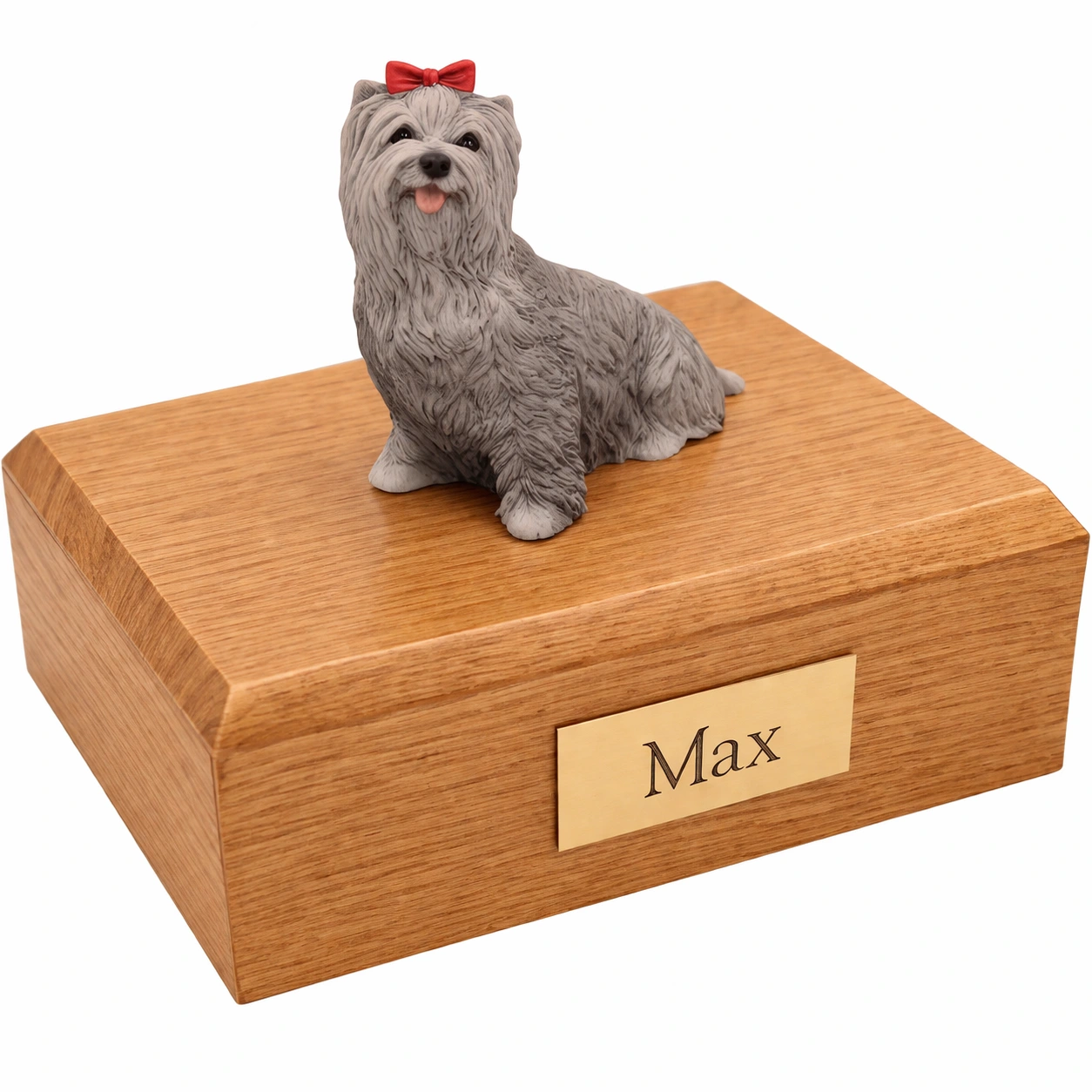 Memorial cremation urn with sitting gray Yorkshire Terrier dog figurine, oak finish