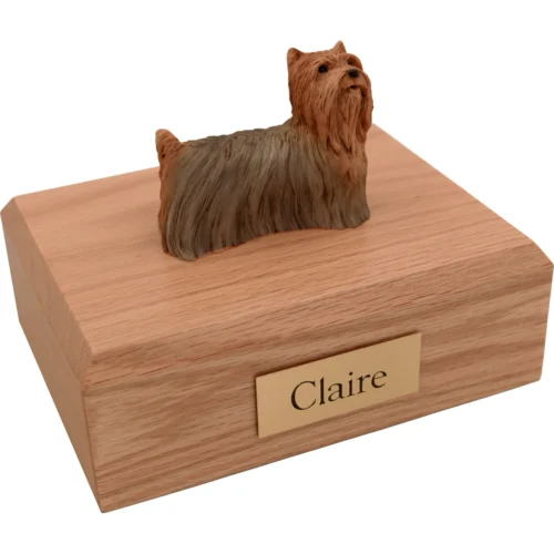 Memorial cremation urn with standing Yorkshire Terrier dog figurine, oak finish
