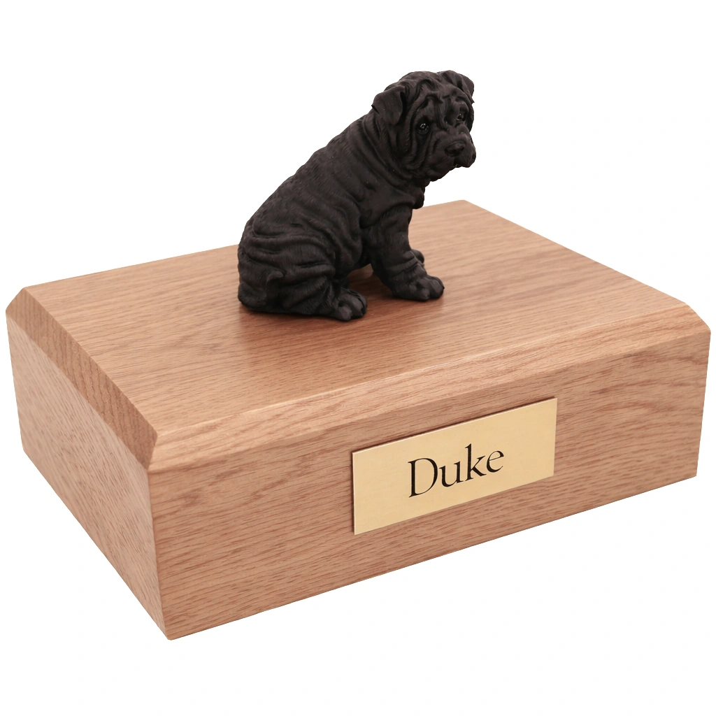 Memorial cremation urn with sitting black Shar Pei dog figurine, oak finish