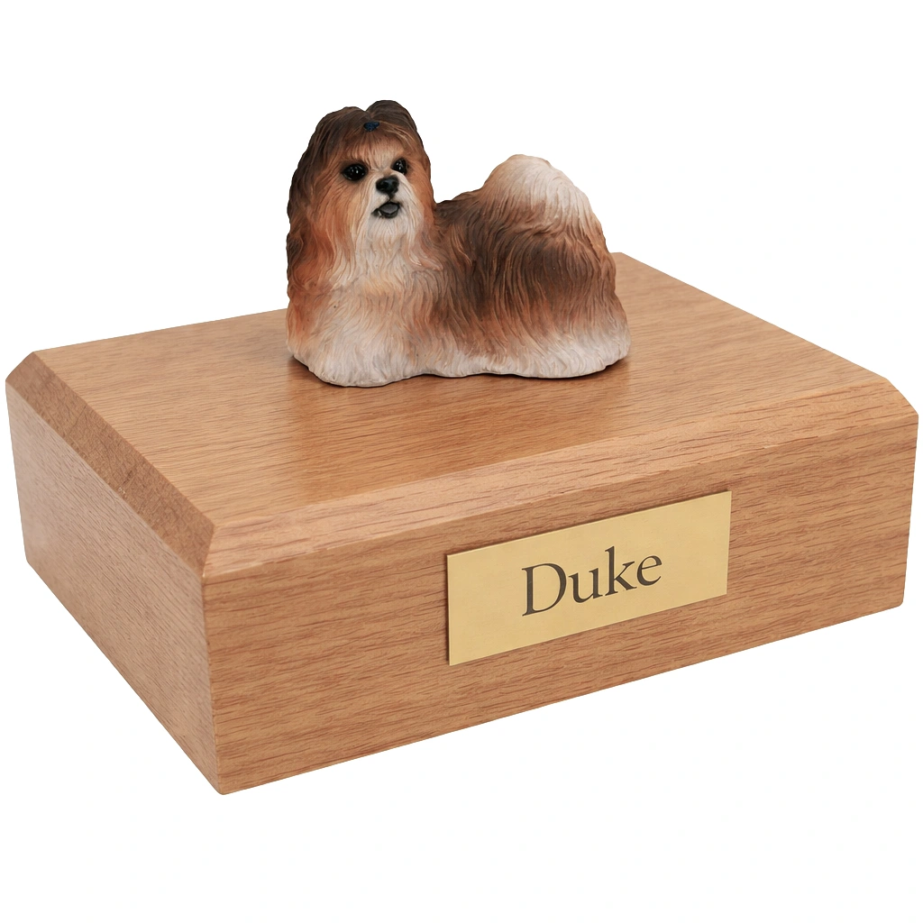 Memorial cremation urn with standing red and white Shih Tzu dog figurine, oak finish