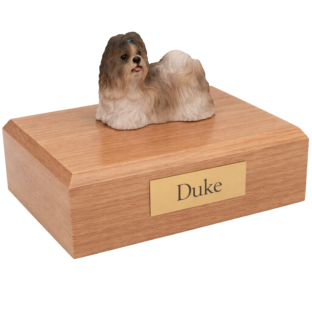 Memorial cremation urn with standing gray and white Shih Tzu dog figurine, oak finish