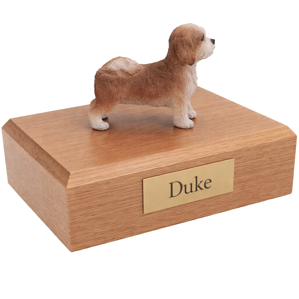 Memorial cremation urn with standing tan and white Puppycut Shih Tzu dog figurine, oak finish