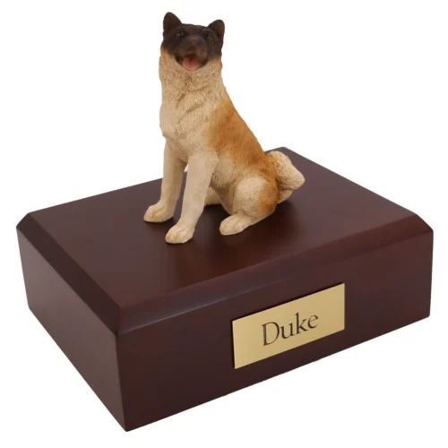 Memorial cremation urn with sitting Japanese Akita dog figurine, walnut finish