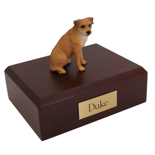 Memorial cremation urn with sitting Border Terrier dog figurine, walnut finish