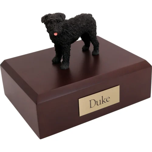 Memorial cremation urn with standing Bouvier dog figurine, walnut finish