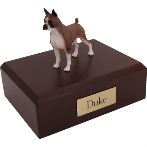 Memorial cremation urn with standing brindle ears up Boxer dog figurine, walnut finish