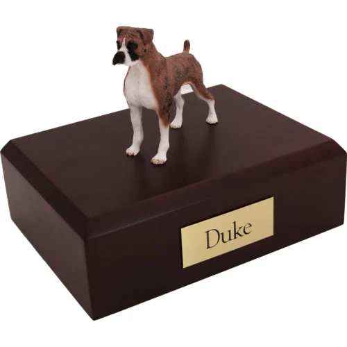 Memorial cremation urn with standing brindle ears down Boxer dog figurine, walnut finish