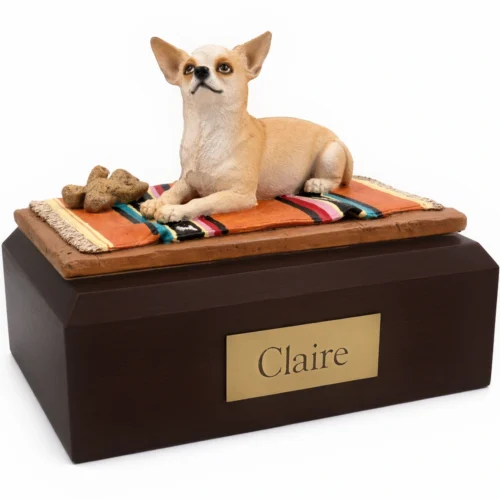 Memorial cremation urn with laying Chihuahua on blanket dog figurine, walnut finish