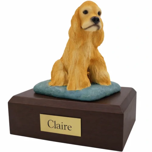 Memorial cremation urn with sitting buff Cocker Spaniel dog figurine, walnut finish