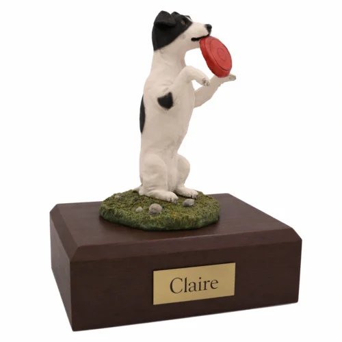 Memorial cremation urn with playful black and white Jack Russell Terrier with ball dog figurine, walnut finish