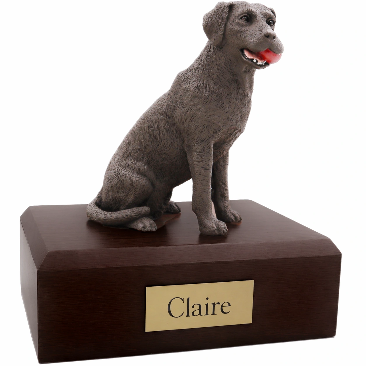 Memorial cremation urn with brown Labrador Retriever with ball dog figurine, walnut finish