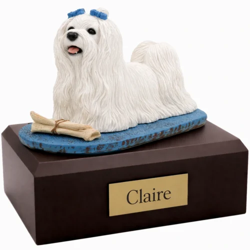 Memorial cremation urn with Maltese dog figurine, walnut finish