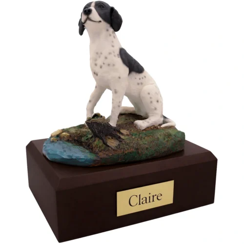 Memorial cremation urn with sitting black and white Pointer dog figurine, walnut finish