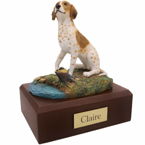 Memorial cremation urn with sitting brown and white Pointer dog figurine, walnut finish