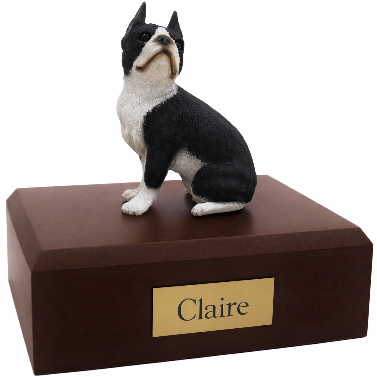 Memorial cremation urn with sitting black and white Boston Terrier dog figurine, walnut finish