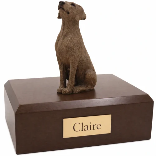 Memorial cremation urn with sitting Weimaraner dog figurine, walnut finish