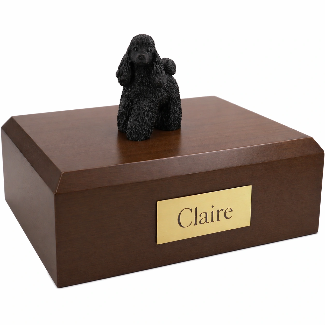 Memorial cremation urn with standing black Poodle dog figurine, walnut finish
