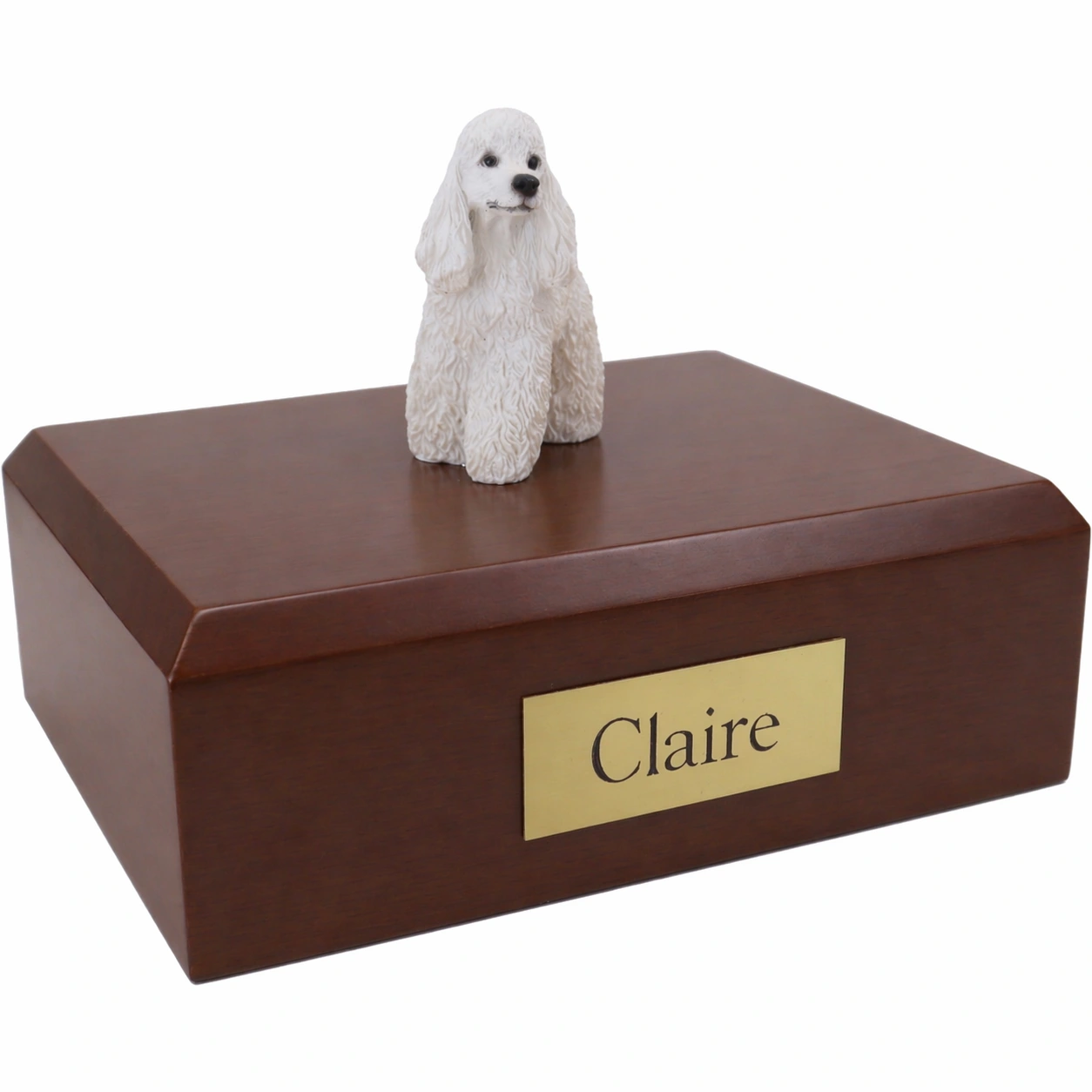 Memorial cremation urn with standing white Poodle dog figurine, walnut finish