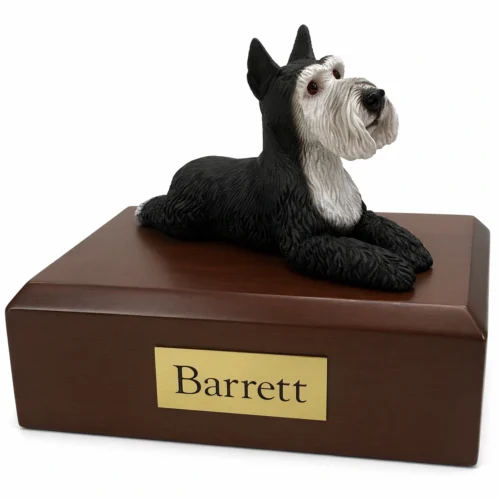 Memorial cremation urn with laying ears up black & silver Schnauzer dog figurine, walnut finish
