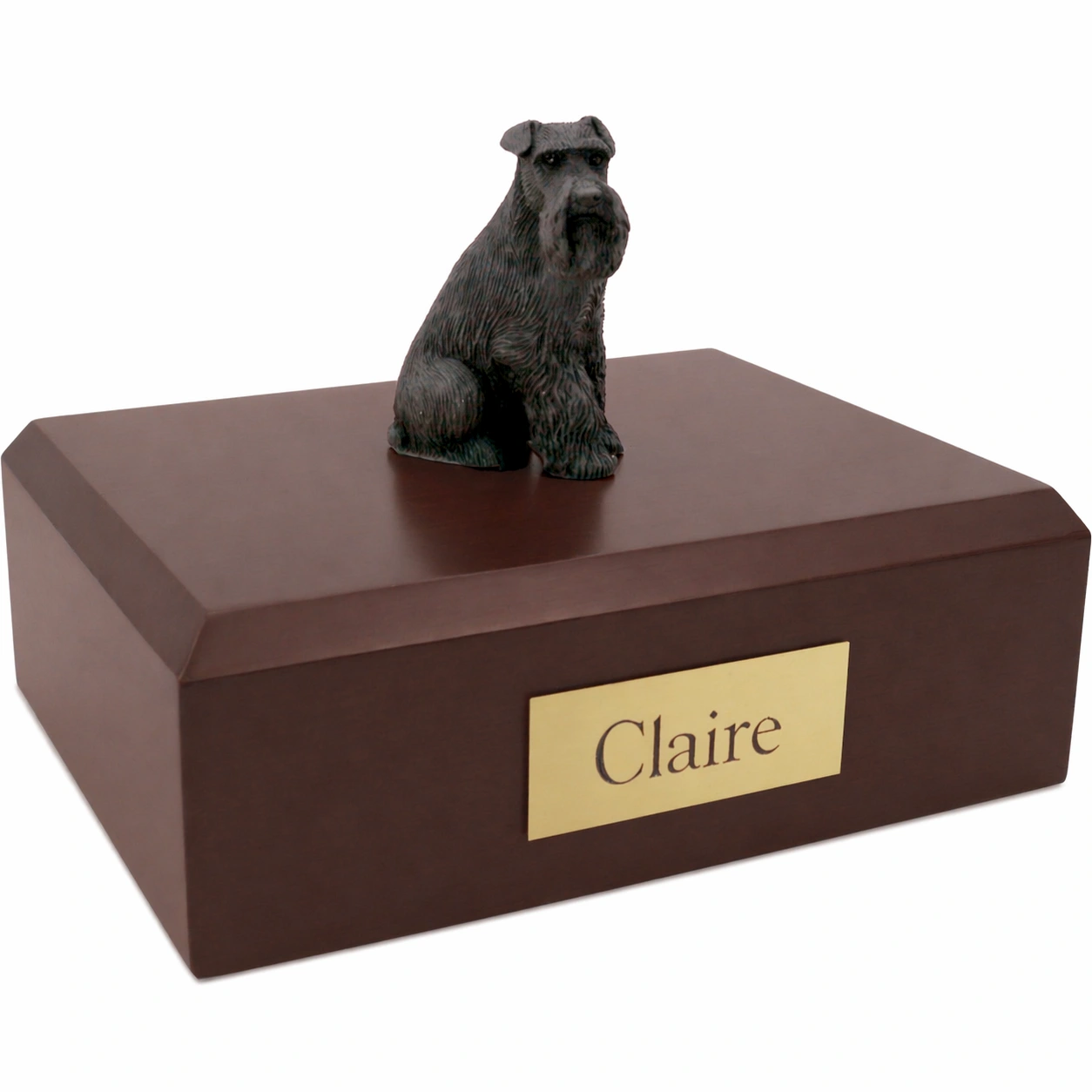 Memorial cremation urn with sitting ears down black Schnauzer dog figurine, walnut finish