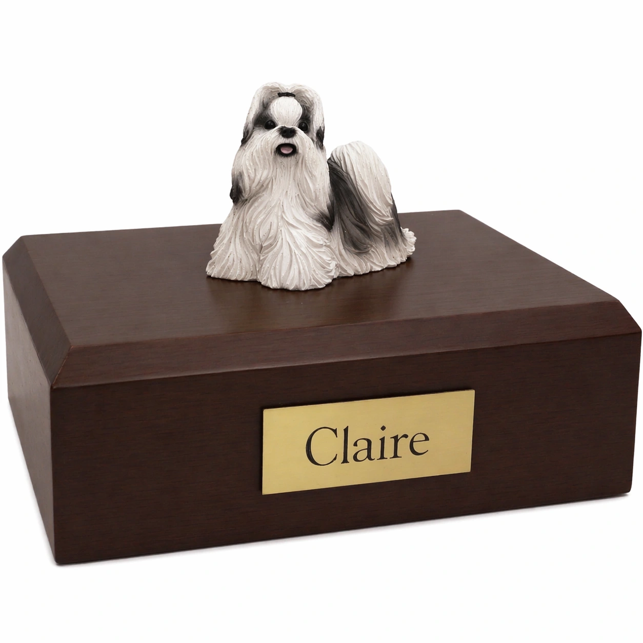 Memorial cremation urn with standing black & white Shih Tzu dog figurine, walnut finish