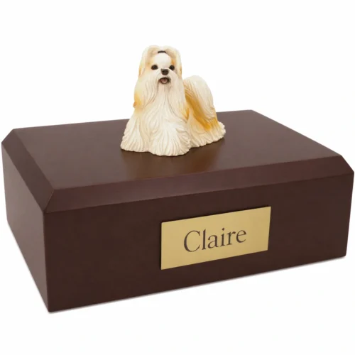 Memorial cremation urn with standing gold & white Shih Tzu dog figurine, walnut finish
