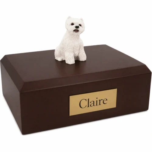Memorial cremation urn with sitting West Highland Terrier (Westie) dog figurine, walnut finish
