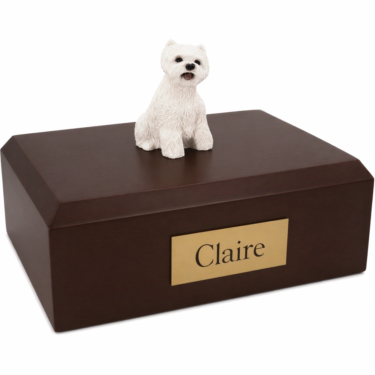 Memorial cremation urn with sitting West Highland Terrier (Westie) dog figurine, walnut finish