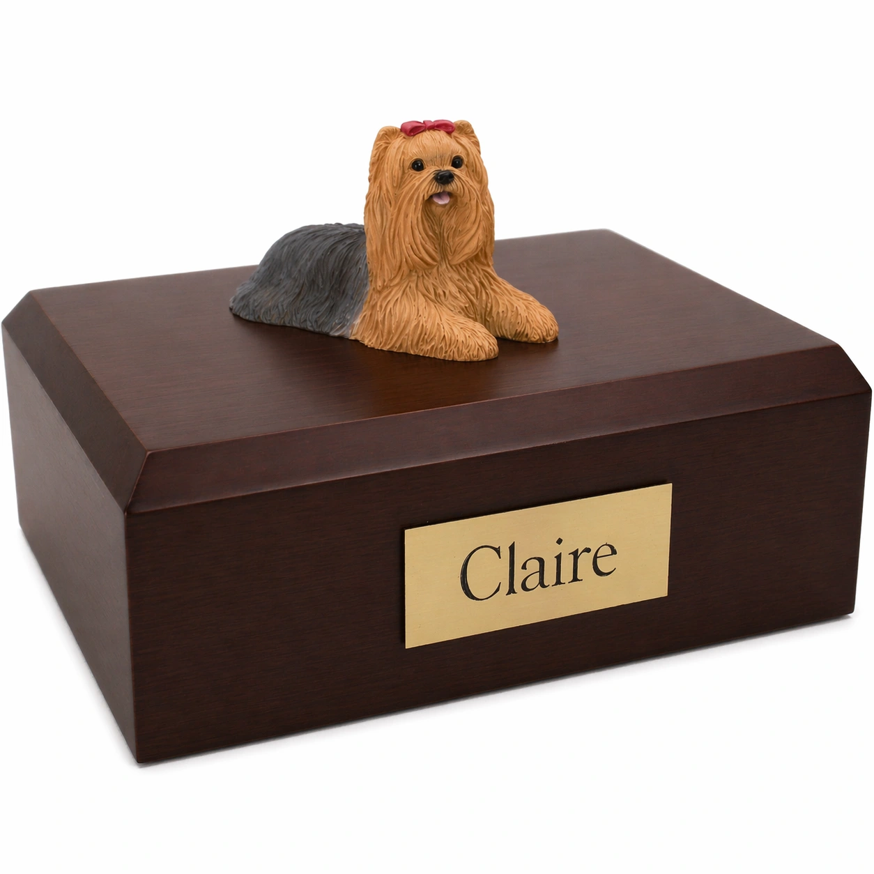 Memorial cremation urn with laying Yorkshire Terrier (Yorkie) dog figurine, walnut finish