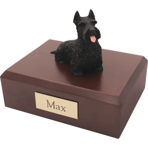 Memorial cremation urn with sitting black Scottish Terrier dog figurine, walnut finish