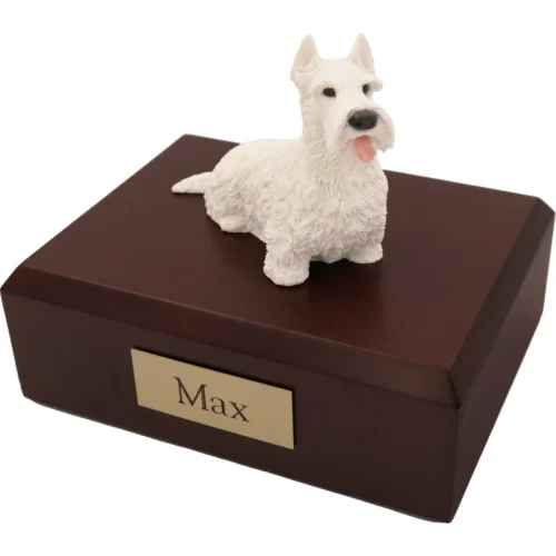 Memorial cremation urn with sitting white Scottish Terrier dog figurine, walnut finish