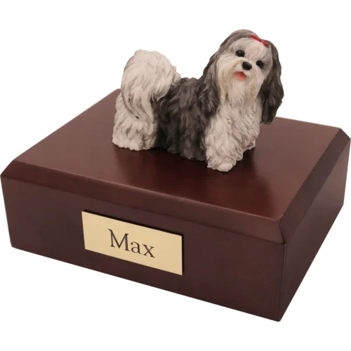 Memorial cremation urn with standing Shih Tzu dog figurine, walnut finish