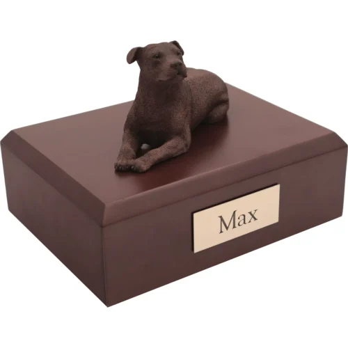 Memorial cremation urn with laying Staffordshire Terrier dog figurine, walnut finish
