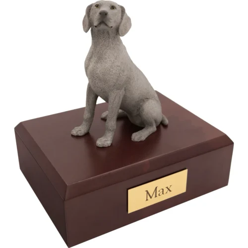 Memorial cremation urn with sitting Weimaraner dog figurine, walnut finish