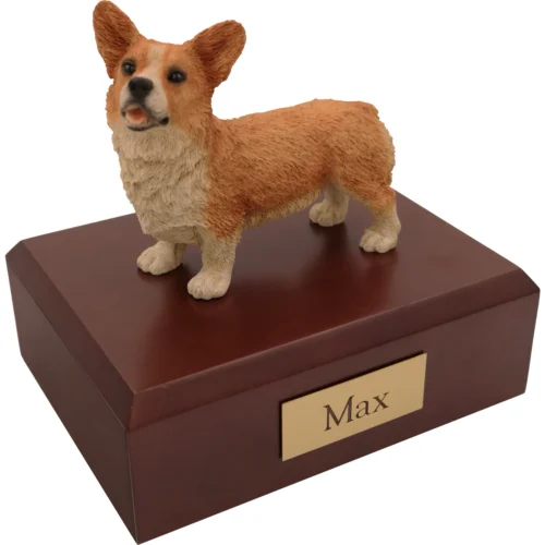 Memorial cremation urn with standing Welsh Corgi dog figurine, walnut finish