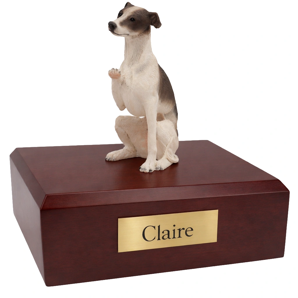 Memorial cremation urn with sitting black and white Whippet dog figurine, maple finish