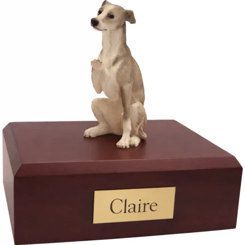Memorial cremation urn with sitting brown and white Whippet dog figurine, walnut finish