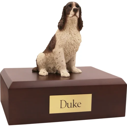 Memorial cremation urn with sitting Springer Spaniel dog figurine, walnut finish