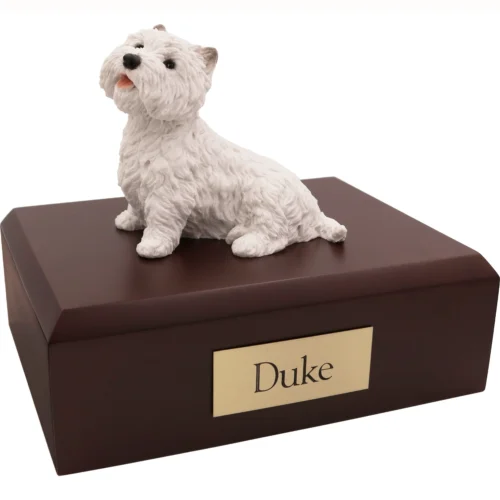 Memorial cremation urn with sitting West Highland Terrer (Westie) dog figurine, walnut finish