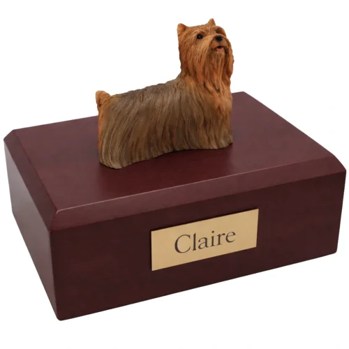 Memorial cremation urn with standing Yorkshire Terrier dog figurine, walnut finish