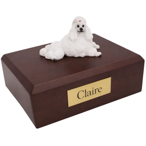 Memorial cremation urn with laying white Poodle dog figurine, walnut finish