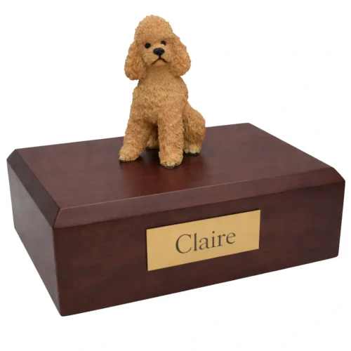 Memorial cremation urn with sitting apricot Poodle dog figurine, walnut finish