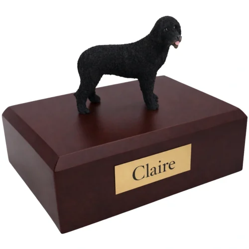 Memorial cremation urn with standing Portuguese Water Dog figurine, walnut finish