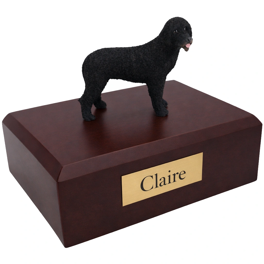 Memorial cremation urn with standing Portuguese Water Dog figurine, walnut finish