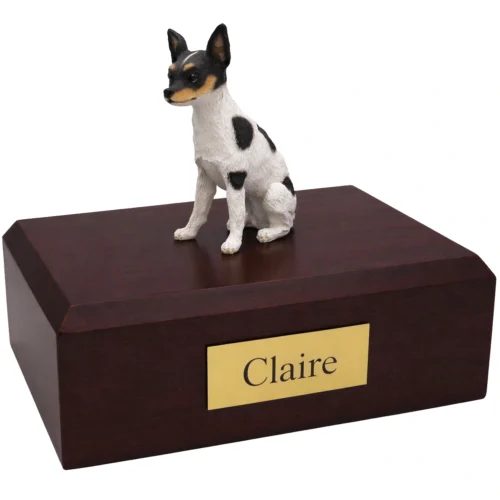 Memorial cremation urn with sitting Rat Terrier dog figurine, walnut finish
