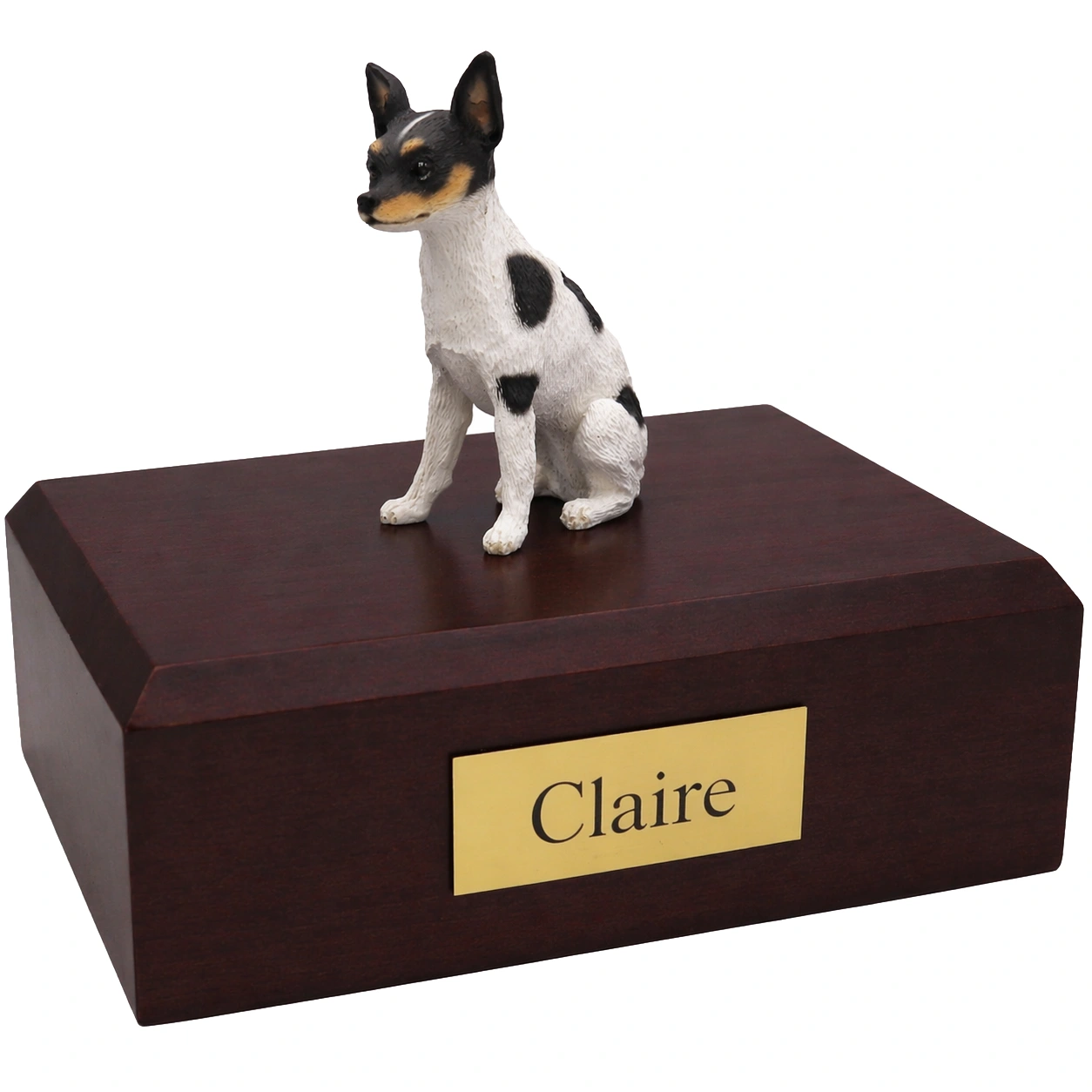 Memorial cremation urn with sitting Rat Terrier dog figurine, walnut finish