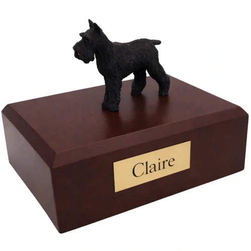 Memorial cremation urn with standing black ears up Schnauzer dog figurine, walnut finish