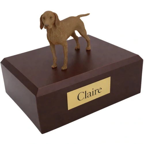 Memorial cremation urn with standing Vizsla dog figurine, walnut finish